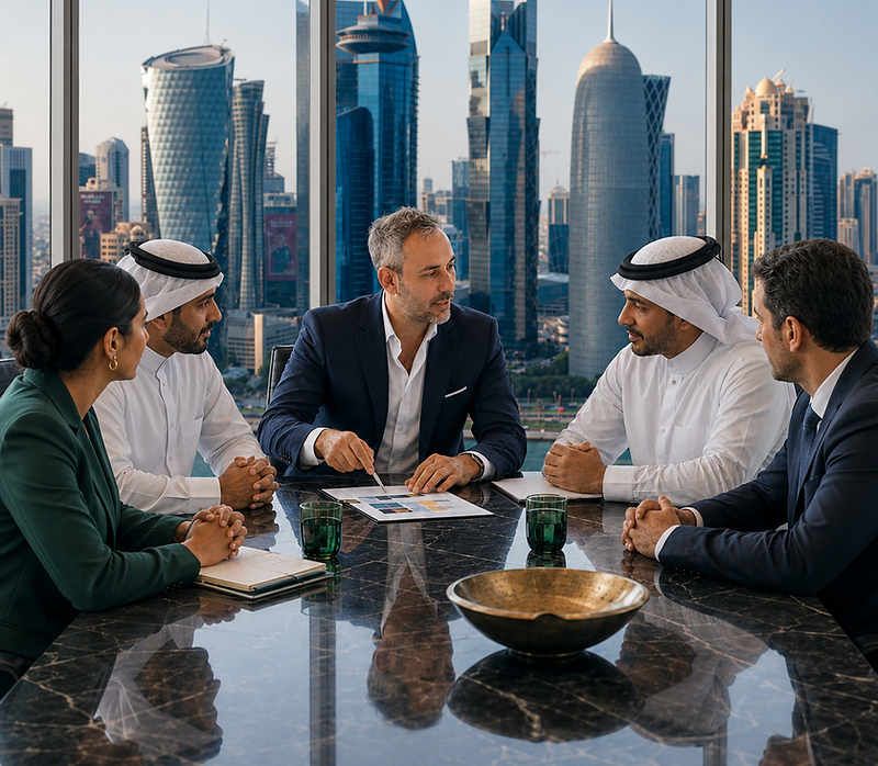 Demoura Lawson Consulting executive advisory session in a Doha high-rise