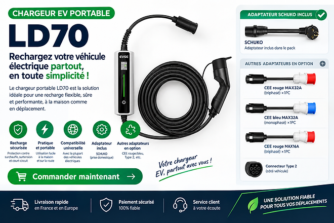Chargeur EV portable LD70 — recharge flexible à domicile et en déplacement