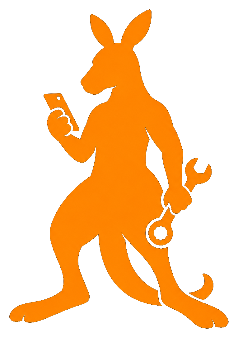 DIY Mechanic kangaroo mascot holding a phone and a wrench