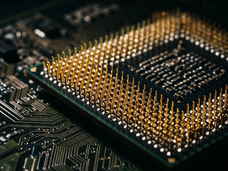Macro view of circuit boards and gold-plated pins