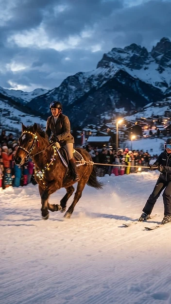Illustration fidèle de Chevaux de Lumière : démonstrations équestres et ski-joëring
