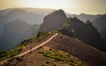 Aerial view of a winding mountain road through the green interior of Madeira