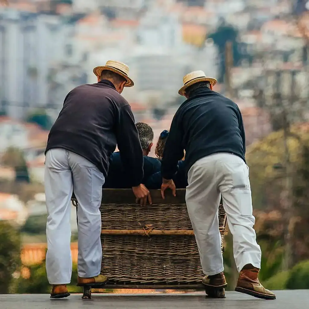 Traditional Monte toboggan sled descending the hillside towards Funchal