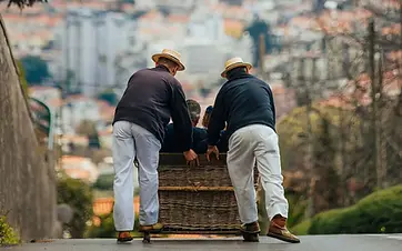 Traditional Monte toboggan sled descending the hillside towards Funchal