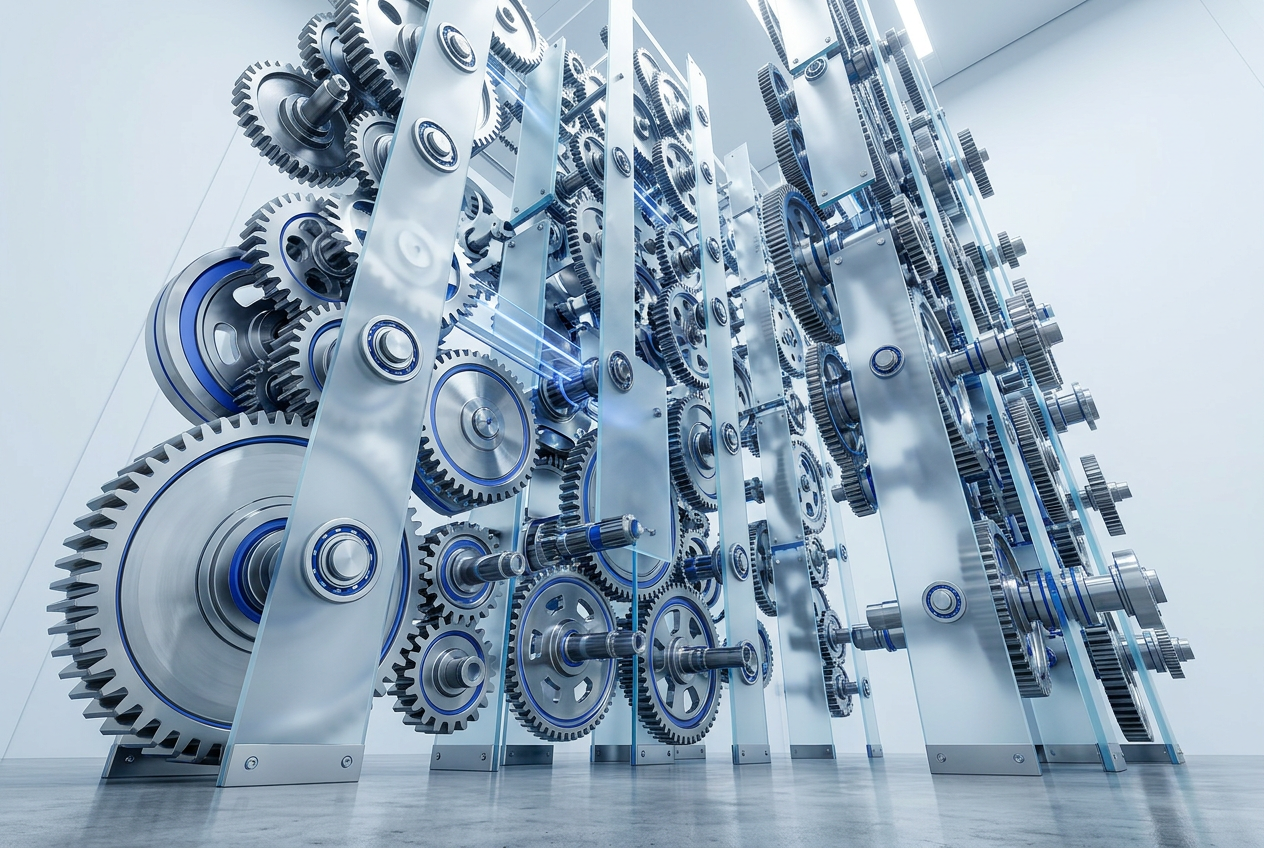 Interlocking titanium gears and frosted glass plates representing operations at scale