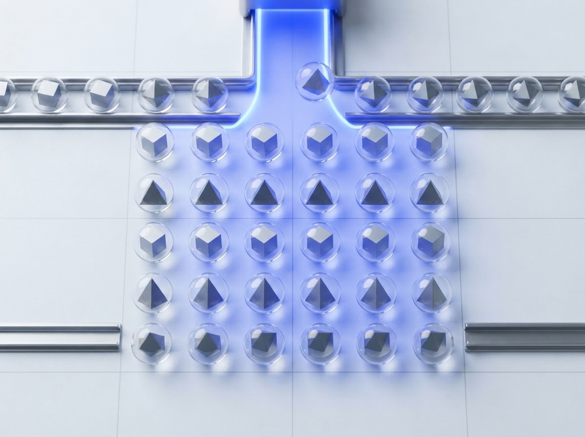 Transparent glass spheres organized by a focused blue light beam