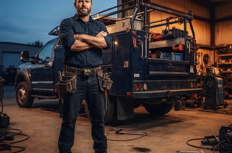 Tradesperson standing in front of a service truck