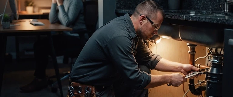 A tradesperson working on a jobsite while a professional support representative answers the phone behind the scenes