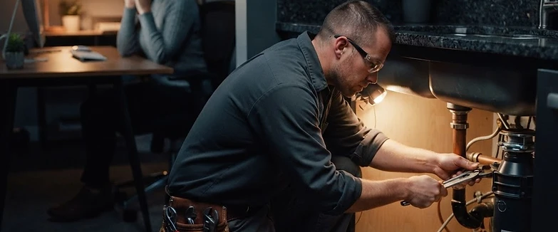 A tradesperson working on a jobsite while a professional support representative answers the phone behind the scenes