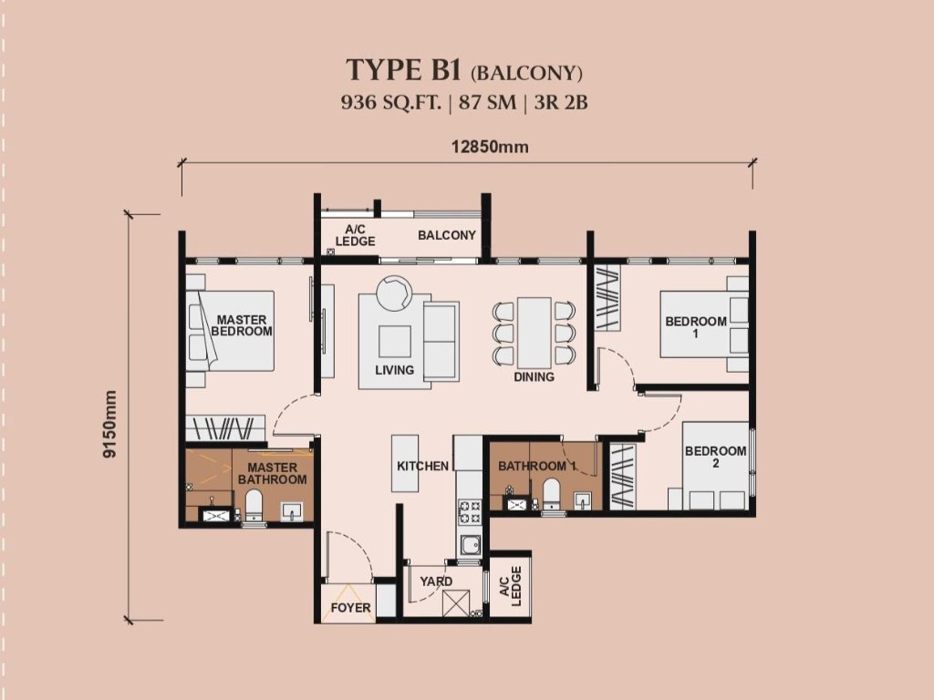 Queenswoodz 936 sq ft floor plan — Type B1, 3 bedroom, 2 bathroom layout