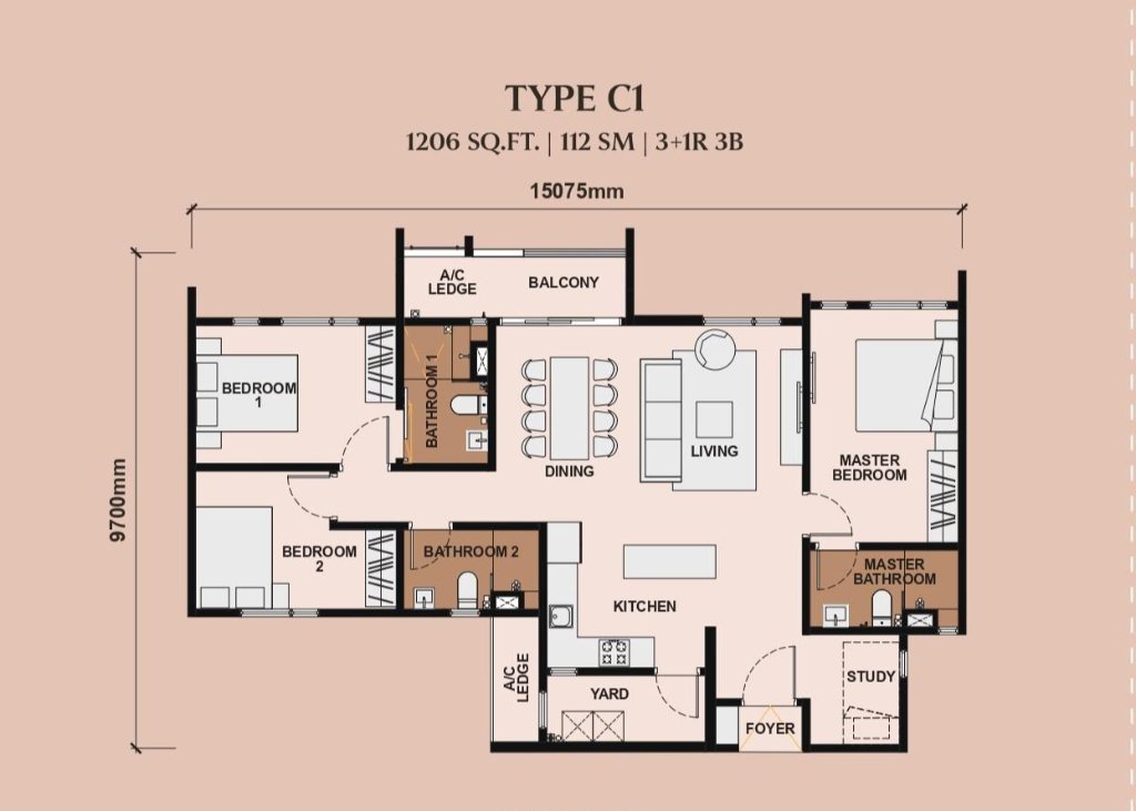 Queenswoodz 1,206 sq ft floor plan — Type C1, 3+1 bedroom, 3 bathroom layout