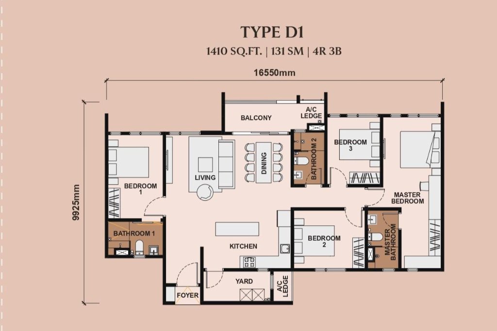 Queenswoodz 1,410 sq ft floor plan — Type D1, 4 bedroom, 3 bathroom layout