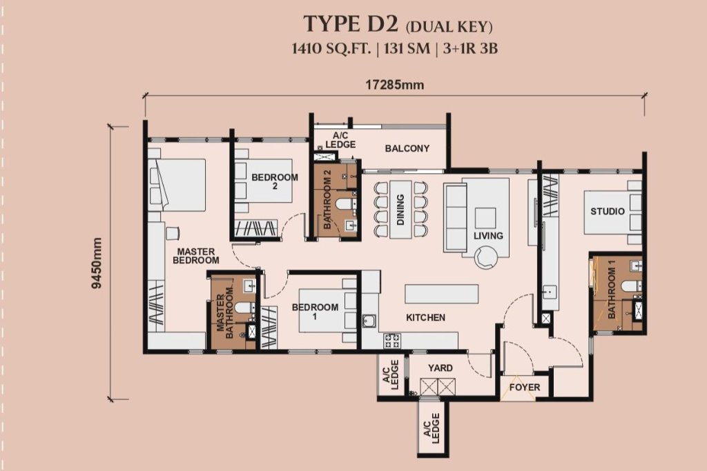 Queenswoodz 1,410 sq ft dual-key floor plan — Type D2, dual-key layout