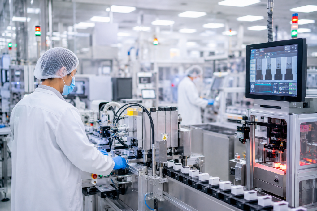 Final human-supervised packout stage on the reagent cartridge line