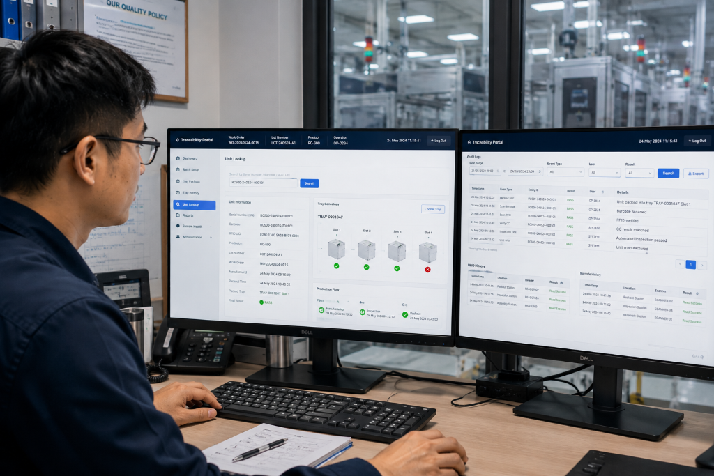Unit lookup and audit log - full chain of QC and packout data per serial number