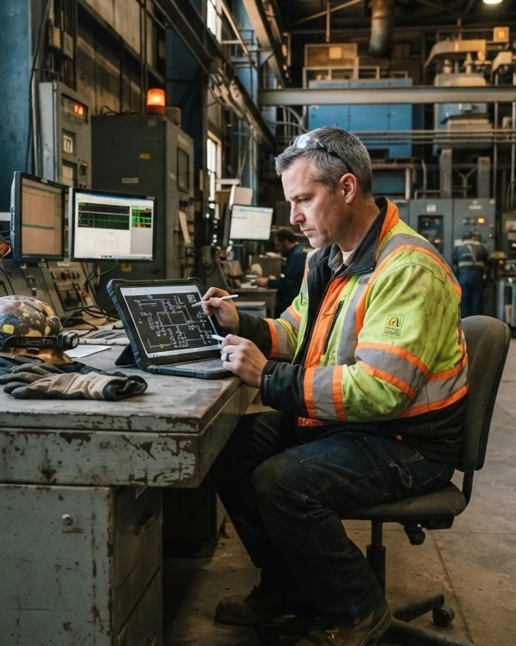 Utility engineer reviewing technical energy schematics at an industrial control desk