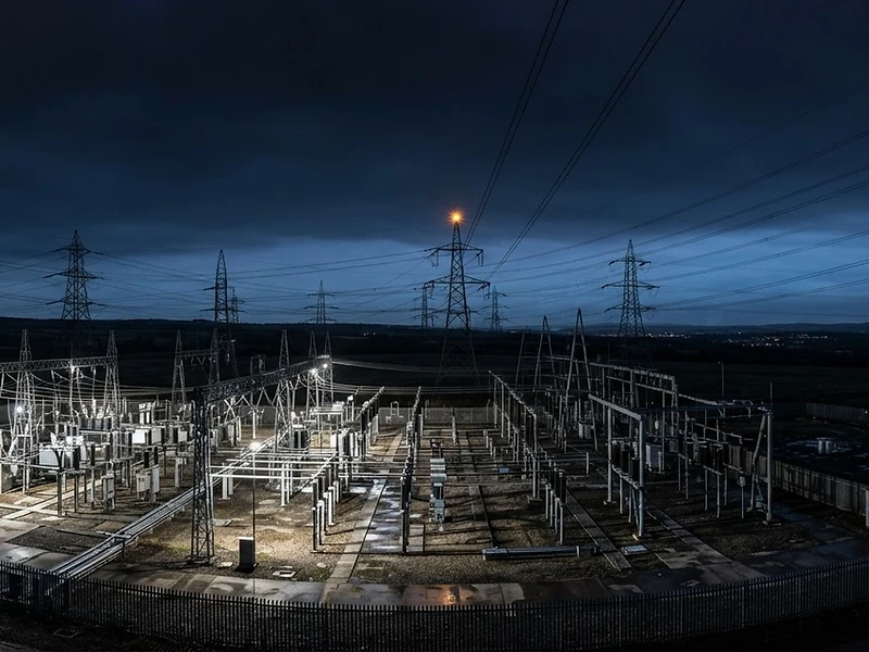 High-voltage power transmission infrastructure at dusk representing UK utility networks