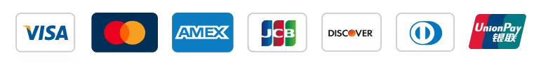 Accepted payment methods: Visa, Mastercard, AMEX, JCB, Discover, Diners Club, UnionPay