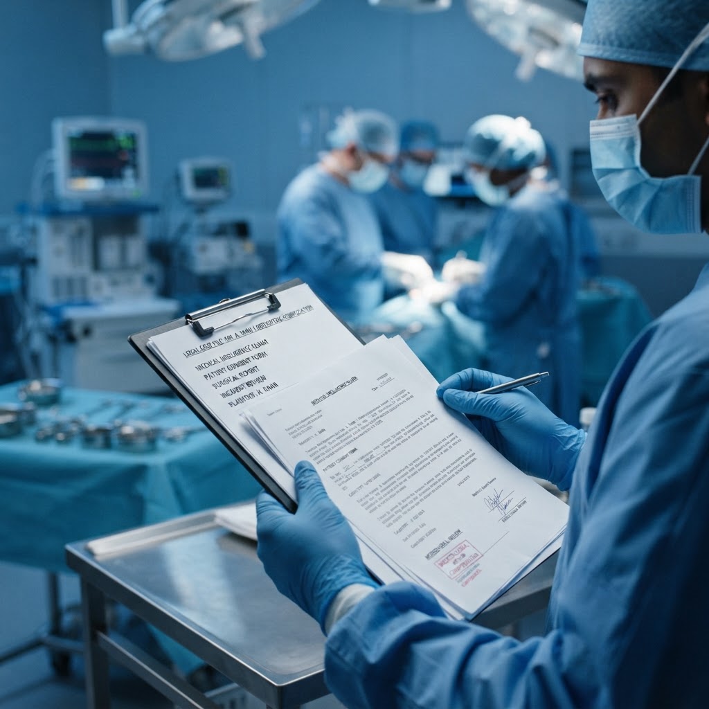 Surgeon's hands with medical documents