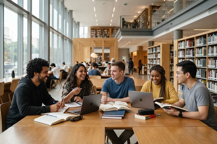 Estudantes convivendo na biblioteca
