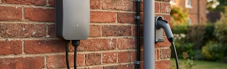 Tidy charger cable run following the brickwork of a Devon home