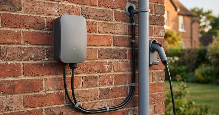Neatly routed charger cable following the mortar lines of a red-brick wall