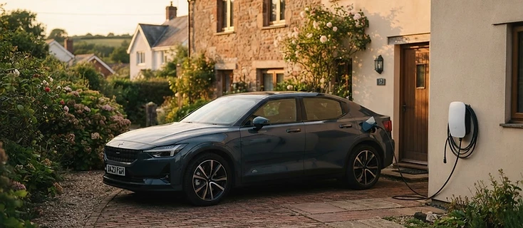 Electric car charging from a discreet wall-mounted home charger on a red-brick Devon driveway