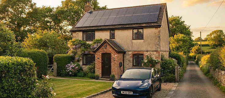 Devon home with roof solar panels and an electric car charging on the driveway