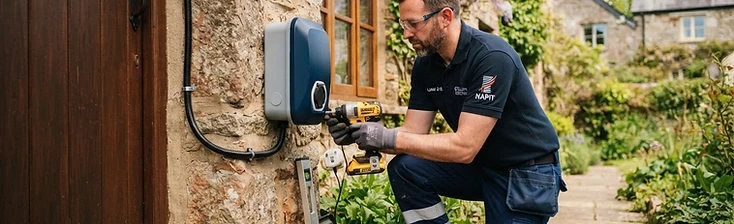 Qualified installer fitting a home EV charger at a Devon property