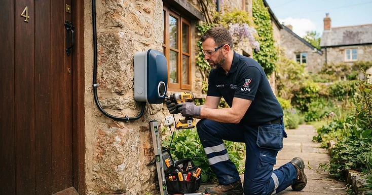 Qualified electrician fitting a home EV charger to the wall of a Devon property