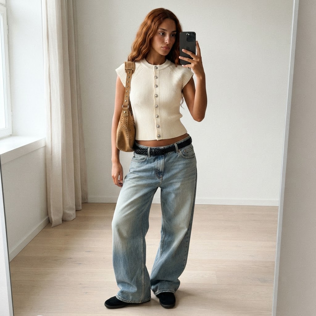 Chic Cream Ribbed Button Up Top Outfit