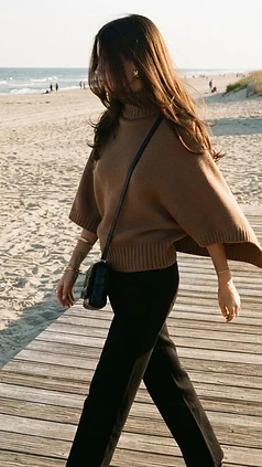 Brown Turtleneck Poncho Beach Boardwalk Look