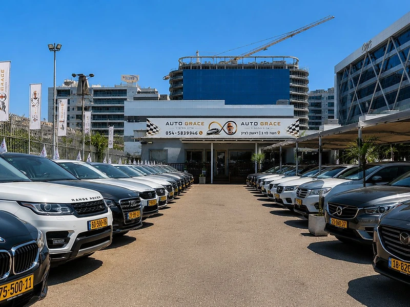 חזית מגרש המכירה של אוטו גרייס בראשון לציון — שתי שורות רכבים מובילות אל מבנה הסוכנות והשלט