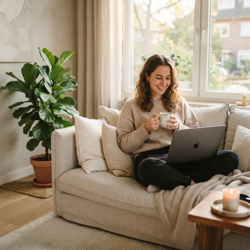 A person relaxing at home with a laptop and a warm drink