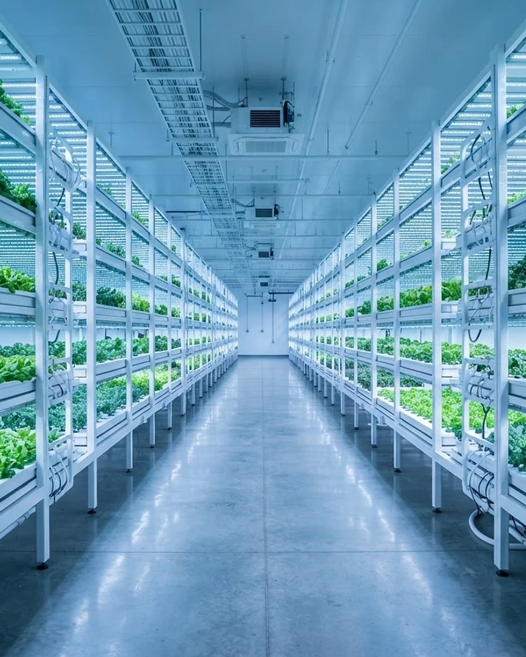 Interior of a modern smart farming hydroponic facility
