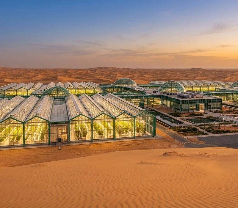 High-tech greenhouse complex integrated into the Abu Dhabi desert at golden hour