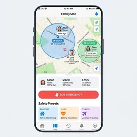 FamiVanta Family Safety map showing safe zones, location pins and SOS button