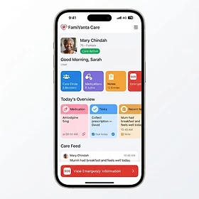 FamiVanta Care dashboard showing today's medications, tasks, and care notes