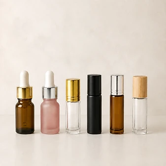 Small glass dropper and roll-on bottles in amber, frosted and clear