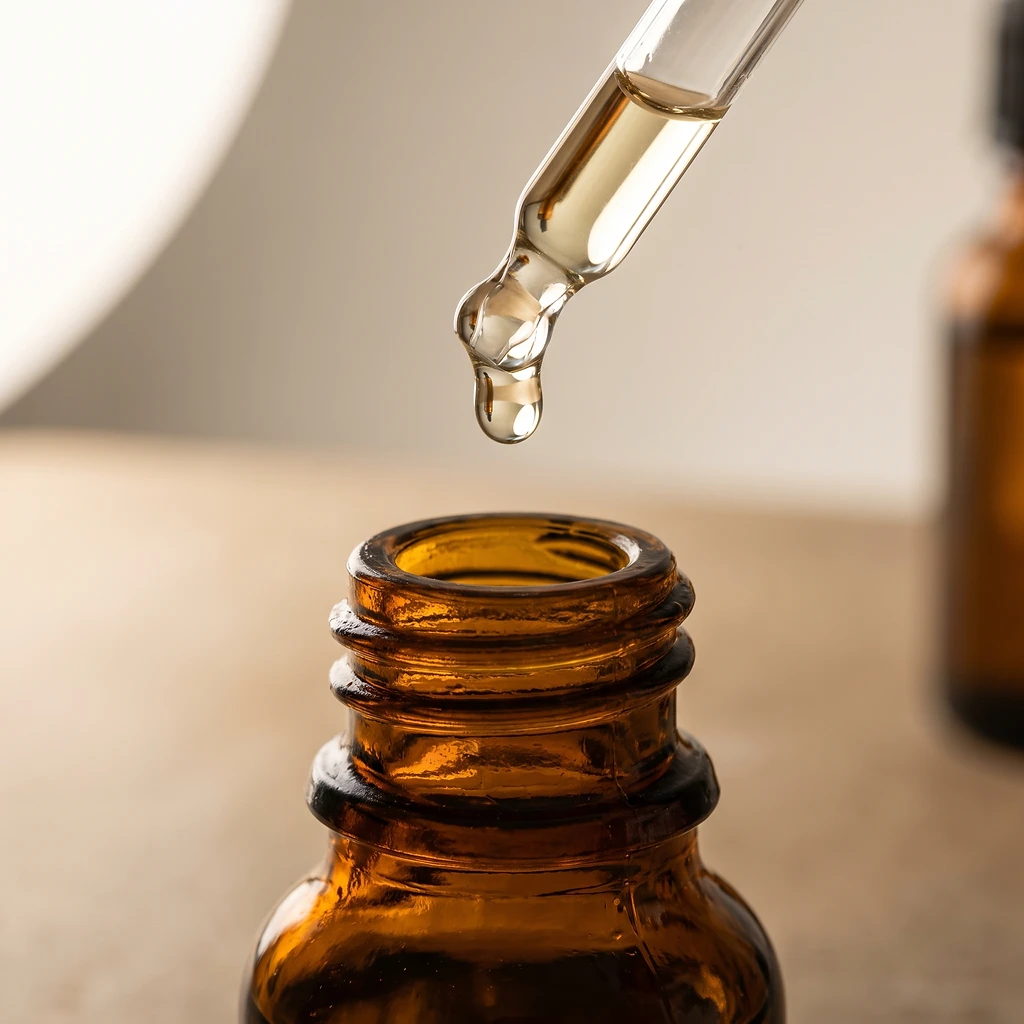 Amber dropper bottle with golden carrier oil