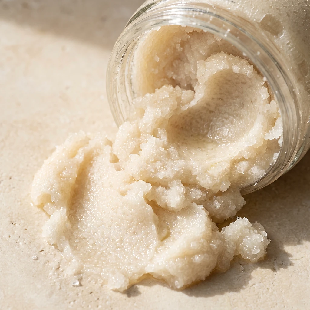 Natural body scrub spilling from a jar