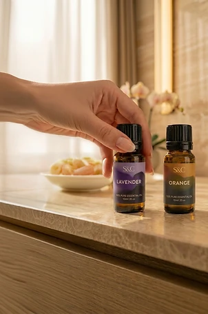 Ashbury's production: a hand placing private-label essential oil bottles on a marble counter
