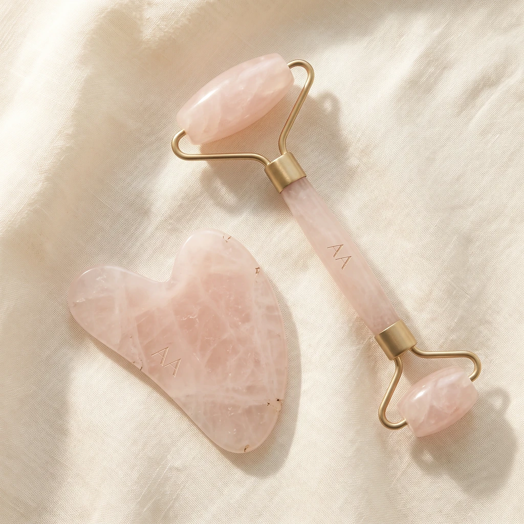 Rose quartz gua sha and face roller with engraving