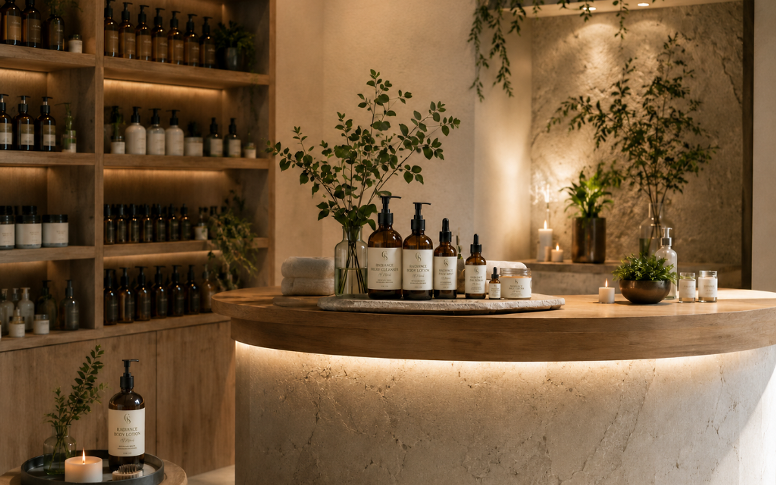 Ashbury's private-label apothecary production and retail display with amber glass products