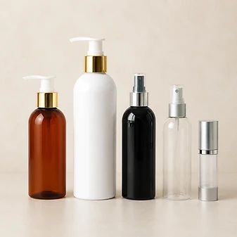 Assorted plastic bottles — amber, white, black and clear formats