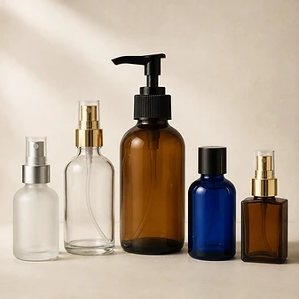 Assorted glass bottles — frosted, clear, amber, cobalt and square profiles