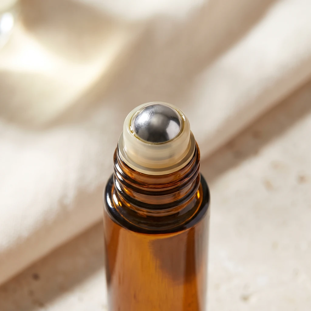 Amber roll-on bottle with stainless-steel rollerball