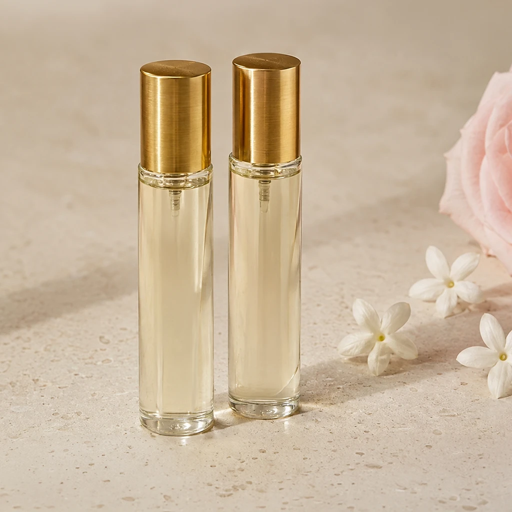 Gold-capped natural perfume roller bottles with rose and jasmine
