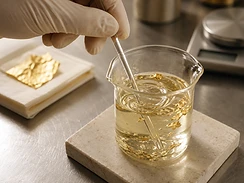 aromatherapist stirring a gold-leaf custom blend in a glass lab beaker