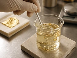 aromatherapist stirring a gold-leaf custom blend in a glass lab beaker